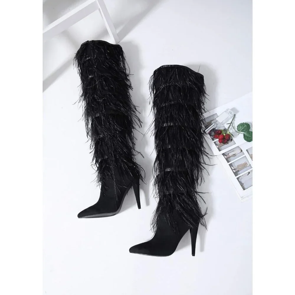 Women Pointed Toe Sparkle Over the Knee Boots Winter Stiletto Heel Thigh Bootie